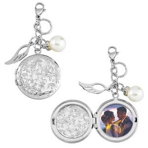 Locket Keychain Engraved Silver Photo with Pearl Charm Stainless Steel